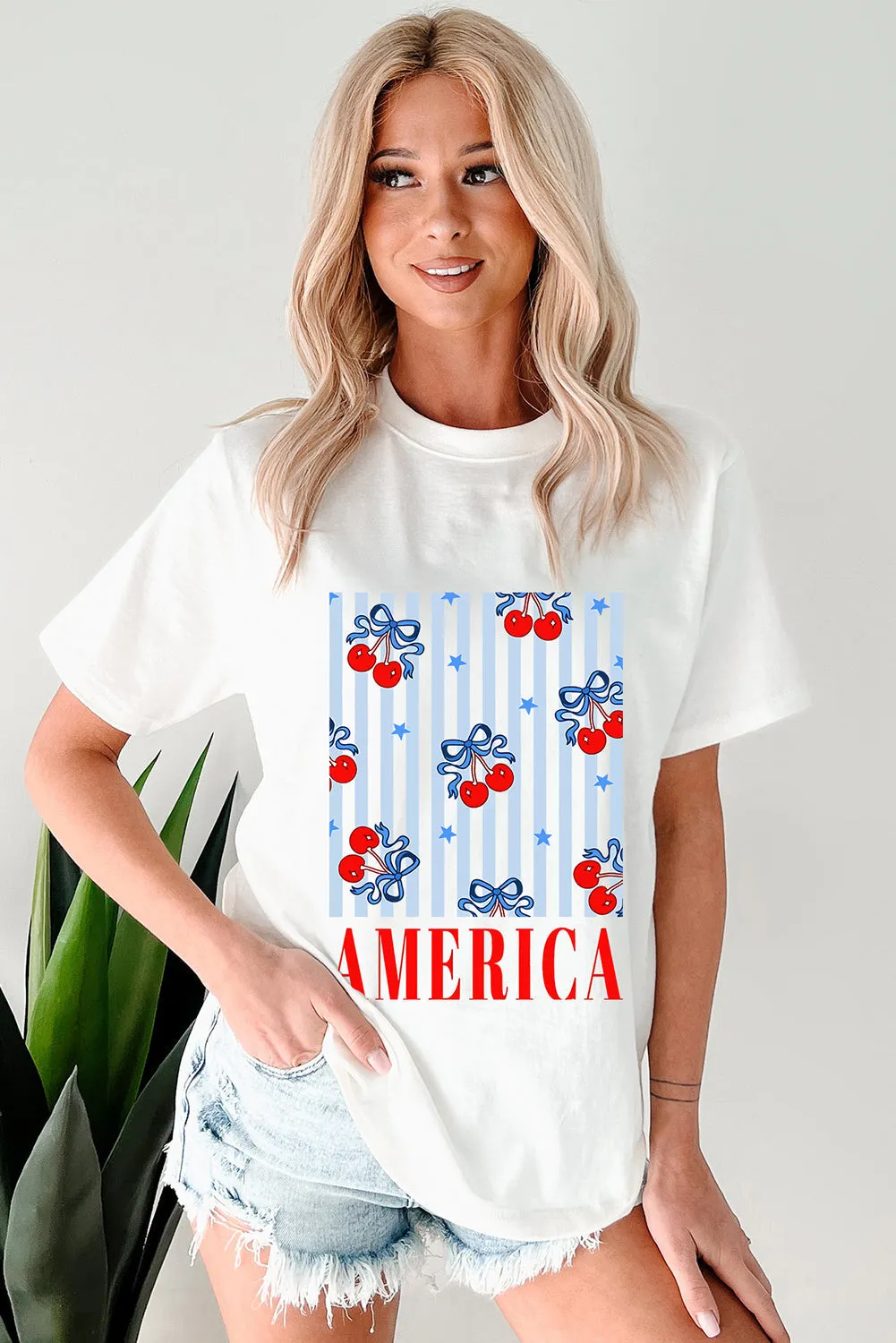 White Bow Cherry AMERICA Graphic Crewneck T Shirt sold by eAura product image thumbnail 4