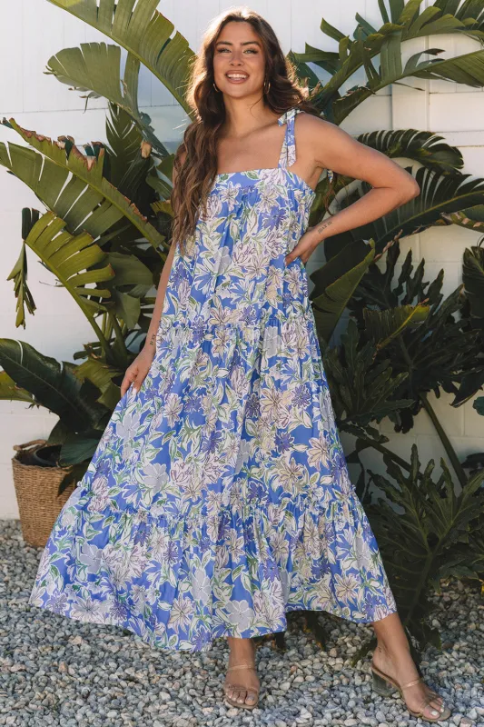Sky Blue Floral Print Self-tie Straps Flowy Ruffle Long Dress sold by eAura