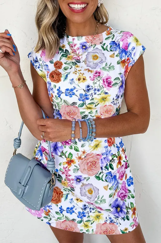 Sky Blue Vibrant Floral Print Cap Sleeve Mini Dress sold by eAura
