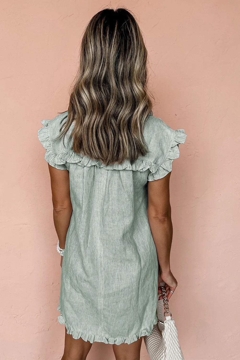 Green Stripe Frilled Sleeveless Collar Front Pocket Button Up Mini Dress sold by eAura product image thumbnail 2