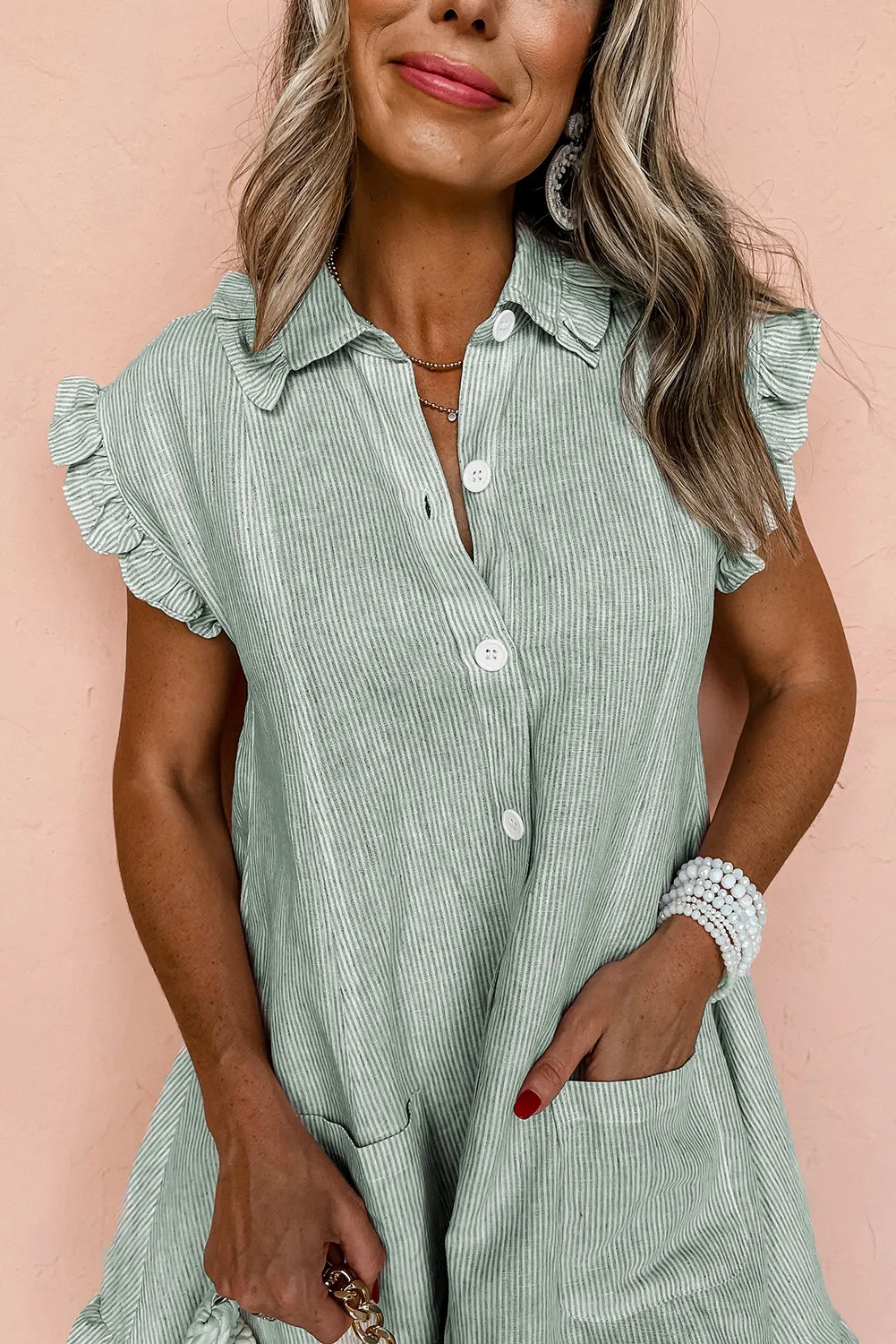 Green Stripe Frilled Sleeveless Collar Front Pocket Button Up Mini Dress sold by eAura product image thumbnail 4