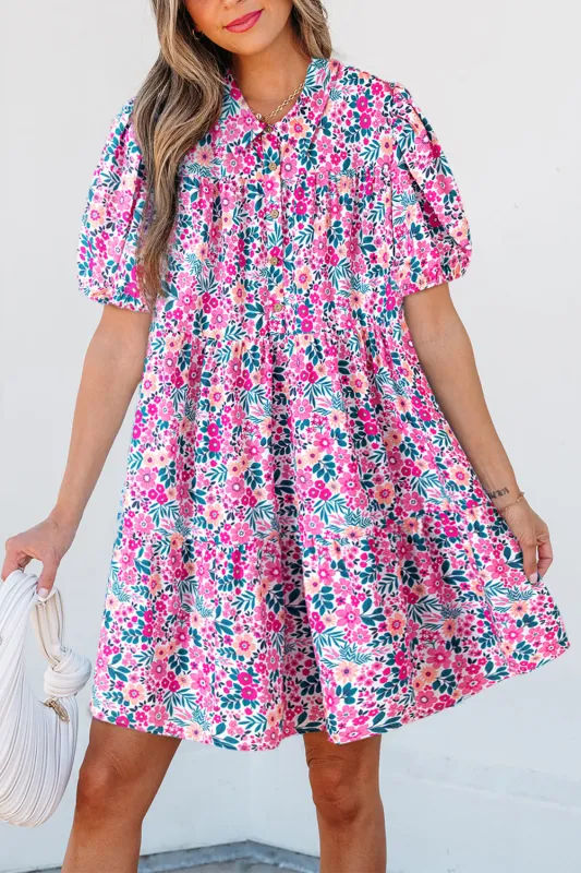 Pink Floral Collared Half Placket Short Sleeve Loose Dress sold by eAura