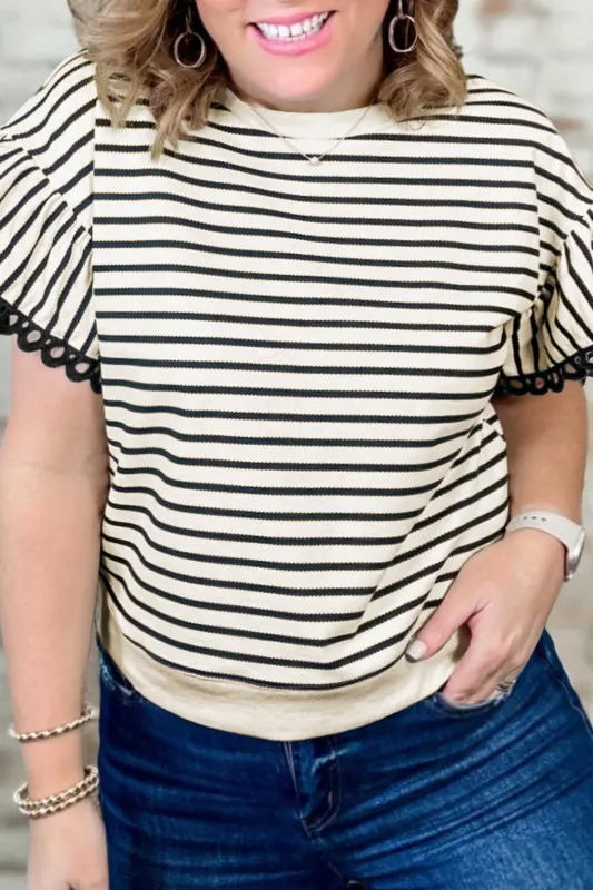 Stripe Eyelet Trimmed Ruffled Short Sleeve Plus Size Top sold by eAura