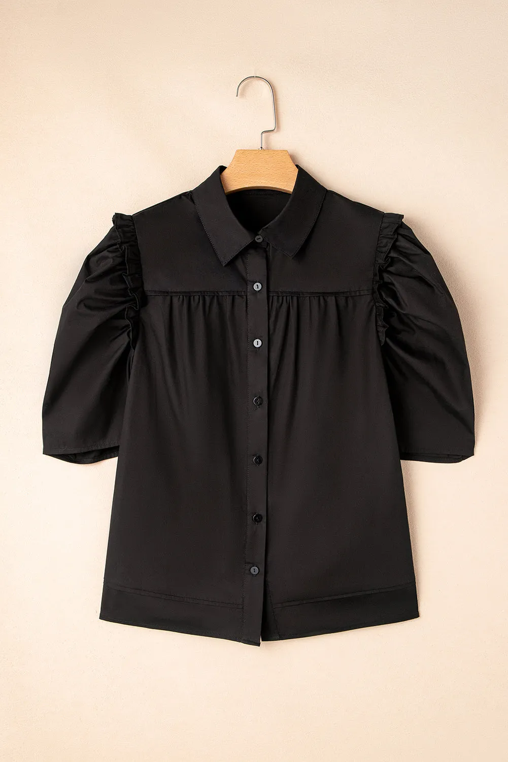 Black Ruffled Puff Sleeve Stylish Collared Shirt sold by eAura product image thumbnail 4