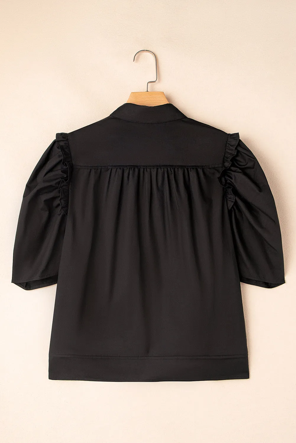 Black Ruffled Puff Sleeve Stylish Collared Shirt sold by eAura product image thumbnail 5