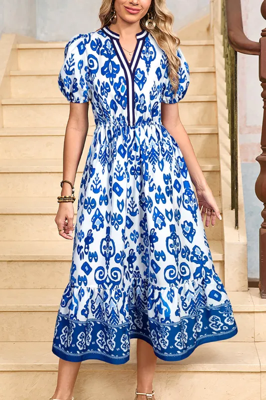 Blue Floral Puff Short Sleeve V Neck High Waist Maxi Dress sold by eAura