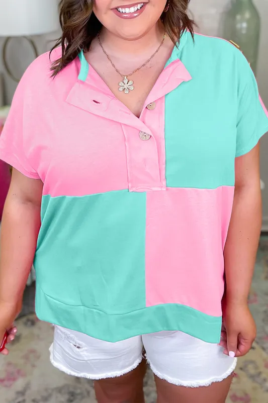 Colourblock Patchwork Short Sleeve Buttons Plus Size Collared Top sold by eAura