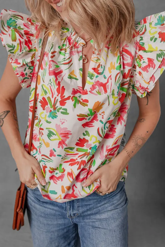 Multicolour Allover Floral Print Flutter Sleeve Split Neck Blouse sold by eAura
