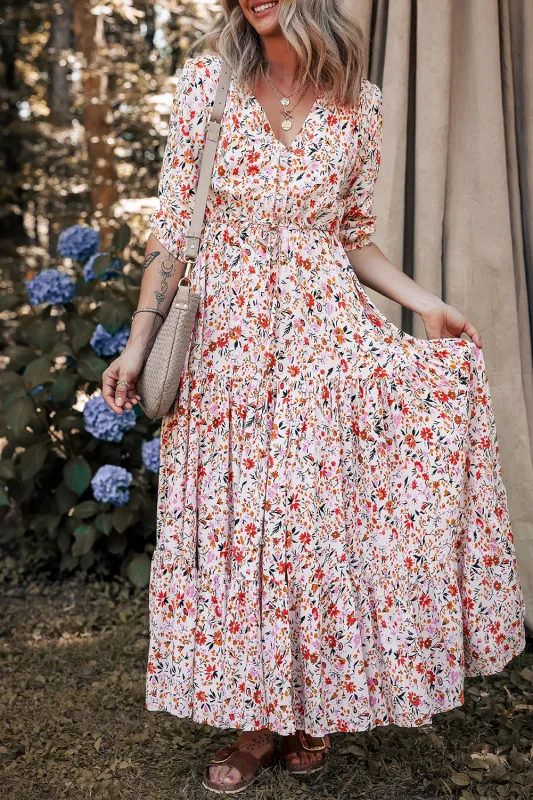Boho Half Sleeve Floral V-Neck Maxi Dress sold by eAura