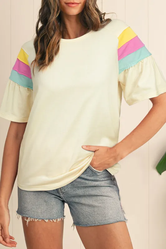 White Colour Block Stitched Sleeve Loose T Shirt sold by eAura