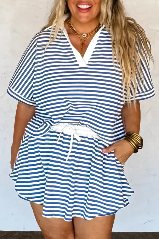 Blue Stripe Short Sleeve Collared V Neck Top Plus Size Short Set sold by eAura