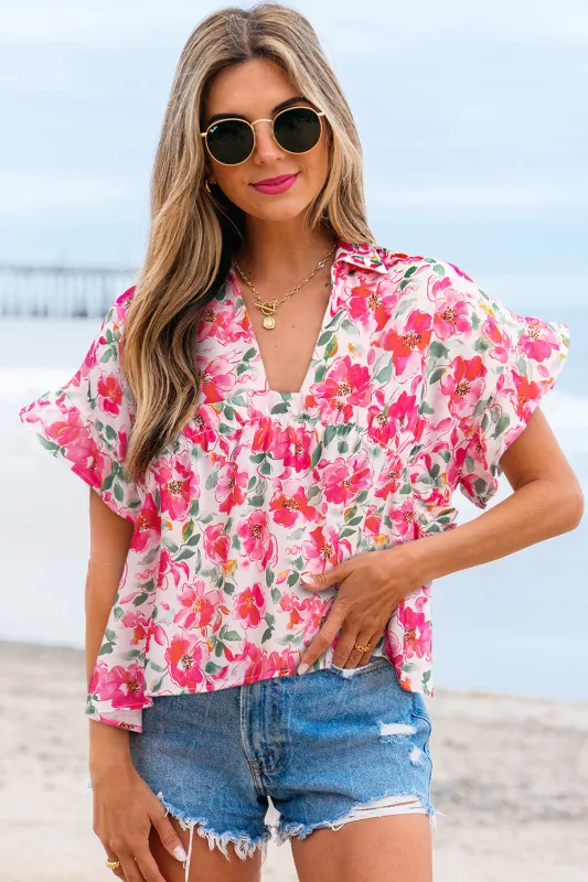 Pink Floral Boxy Fit Ruffled Short Sleeve V Neck Blouse sold by eAura