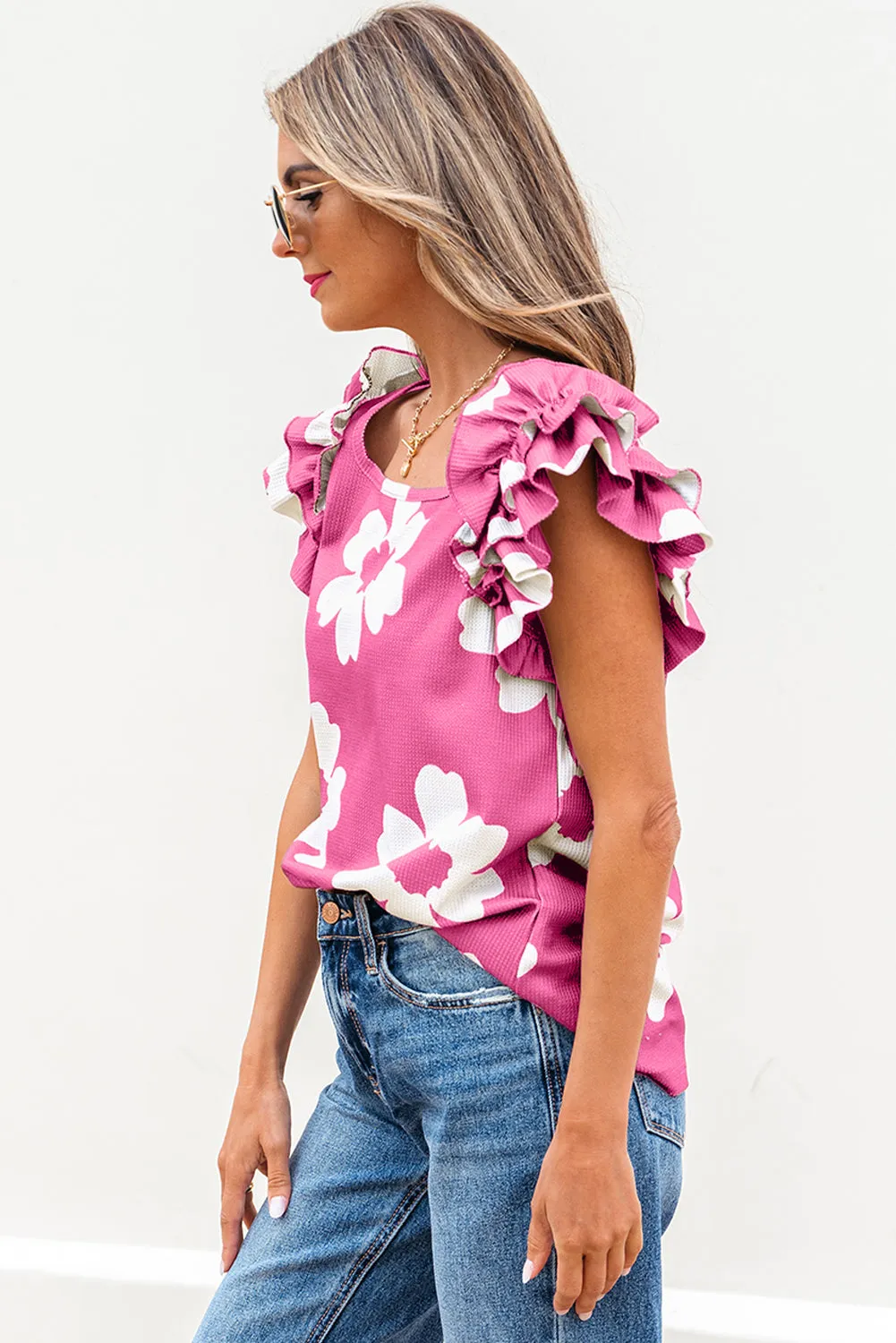Floral Textured Ruffled Short Sleeve Square Neck Blouse sold by eAura product image thumbnail 4