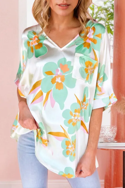 Green Floral Print Loose Fit V Neck Half Sleeve Blouse sold by eAura