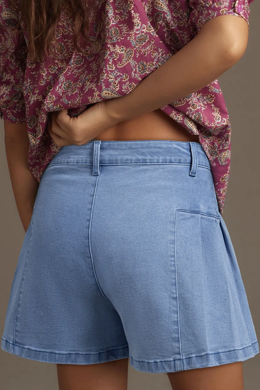 Dusk Blue Pleated Patchwork Wide Leg Lightweight Denim Shorts sold by eAura product image thumbnail 2