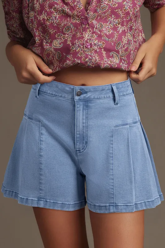 Dusk Blue Pleated Patchwork Wide Leg Lightweight Denim Shorts sold by eAura