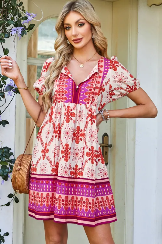 Rose Boho Floral Short Sleeve Lace-up V Neck Mini Dress sold by eAura
