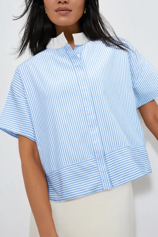 Sky Blue Stripe Contrast Collar Hidden Button Short Sleeve Summer Shirt sold by eAura