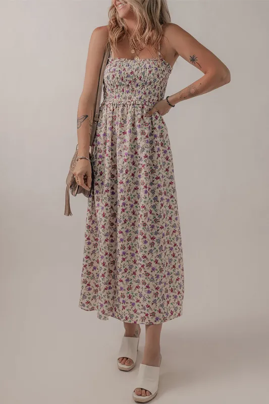 Multicolour Bohemian Ditsy Floral Smocked Fit Flare Sundress sold by eAura