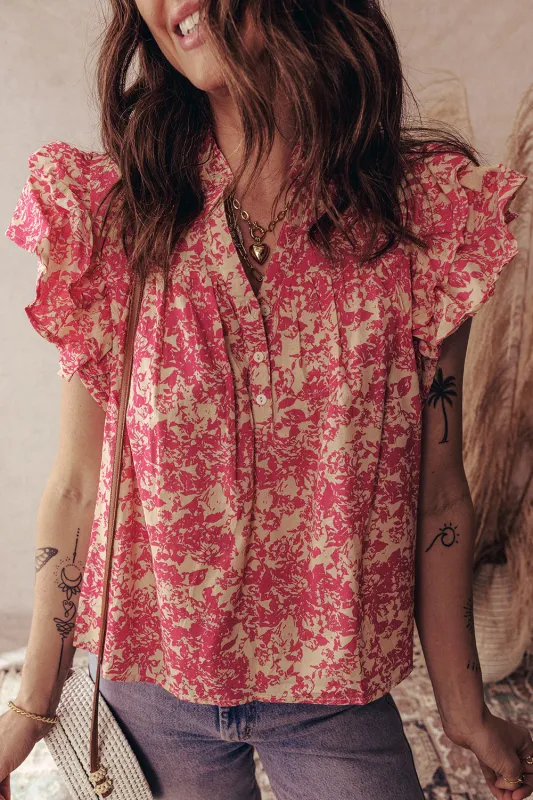 Rose Allover Print Half Button Neck Ruffle Sleeve Blouse sold by eAura