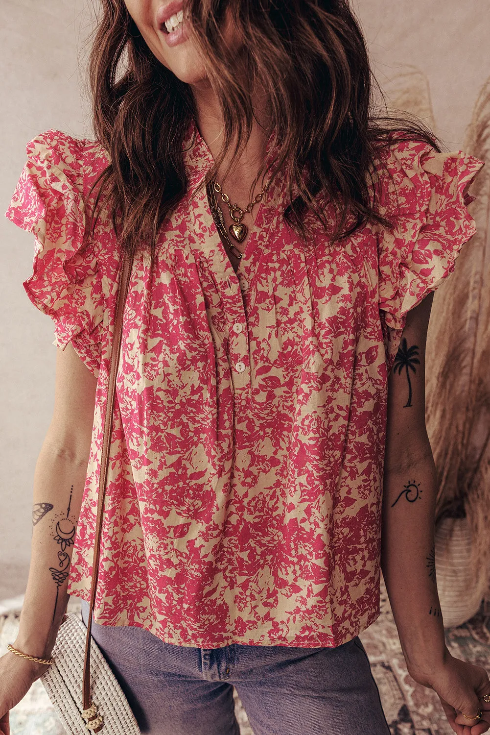 Rose Allover Print Half Button Neck Ruffle Sleeve Blouse sold by eAura