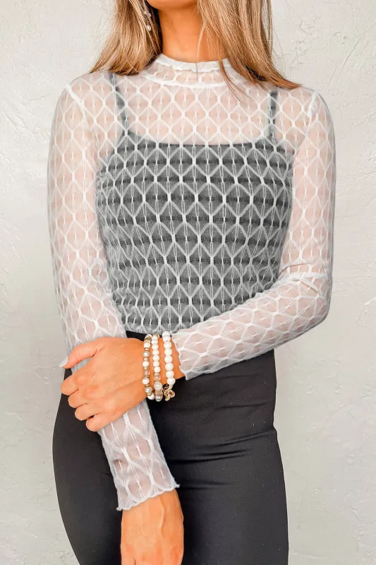 Sheer Mesh Patterned Lettuce Trim Slim Long Sleeve Top sold by eAura