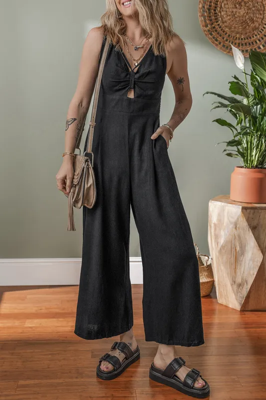 Black Front Cut Out Smocked Back Sleeveless Wide Leg Jumpsuit sold by eAura