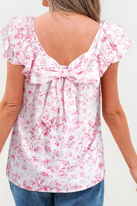 Floral Ruffled Short Sleeve Bow Back Square Neck Blouse sold by eAura