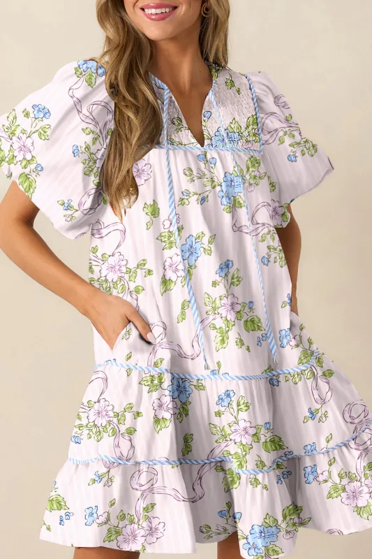 Floral Striped Print Contrast Trim Tie Split Neck Mini Dress sold by eAura