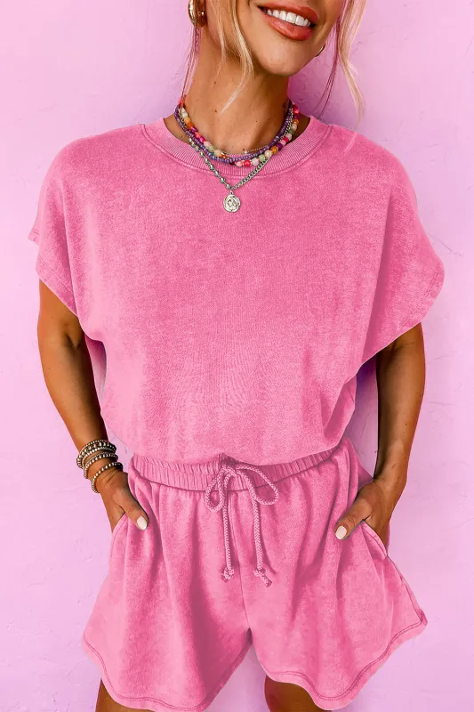 Mineral Wash Drawstring Waist Hollow Out Back Short Sleeve Romper sold by eAura