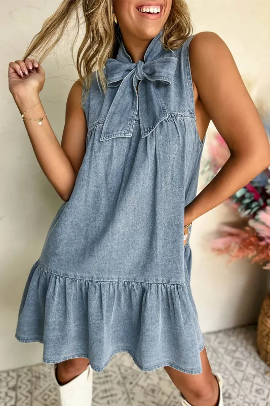 Bowknot Neck Sleeveless Ruffled Chambray Dress sold by eAura