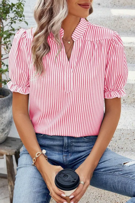 Pink Stripe Notched Neck Frilled Short Puff Sleeve Blouse sold by eAura