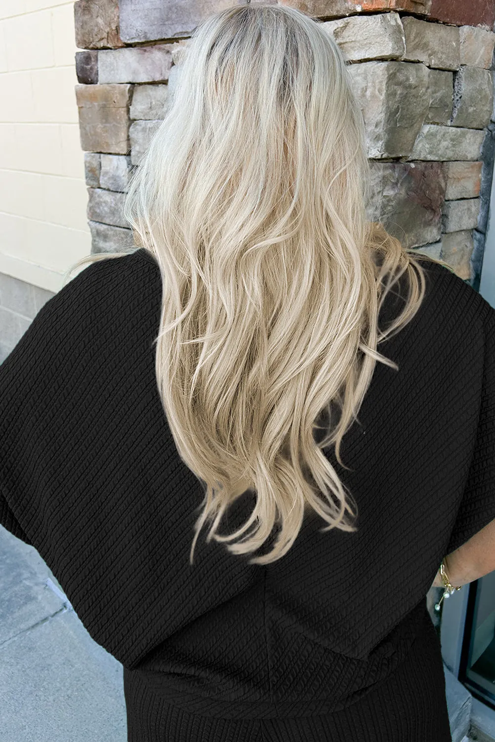 Black Textured Batwing Sleeve Tee Wide Leg Trousers Plus Size Set sold by eAura product image thumbnail 2