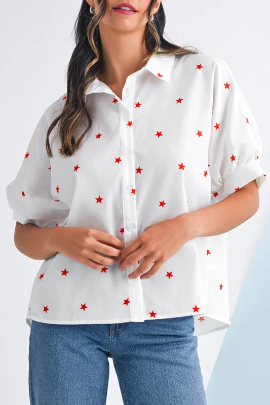 White Stars Half Puff Sleeve Loose Shirt sold by eAura