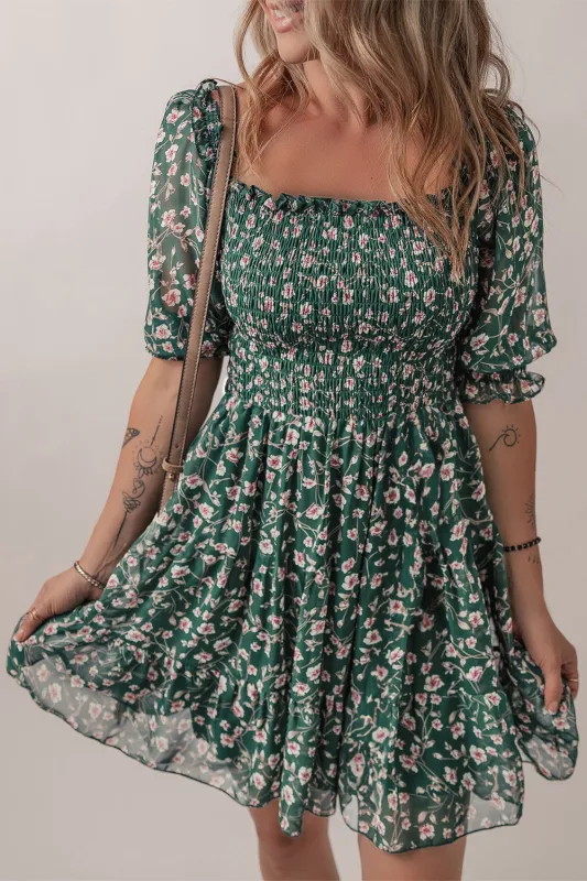 Green Smocked Square Neck Puff Short Sleeve Floral Dress sold by eAura