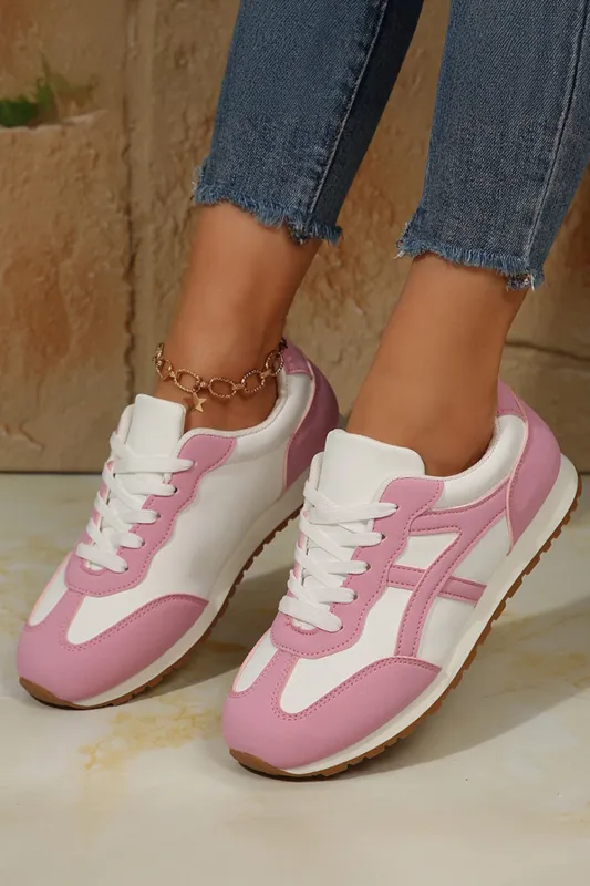 Pink Contrast Lace Up Round Toe Trainers sold by eAura