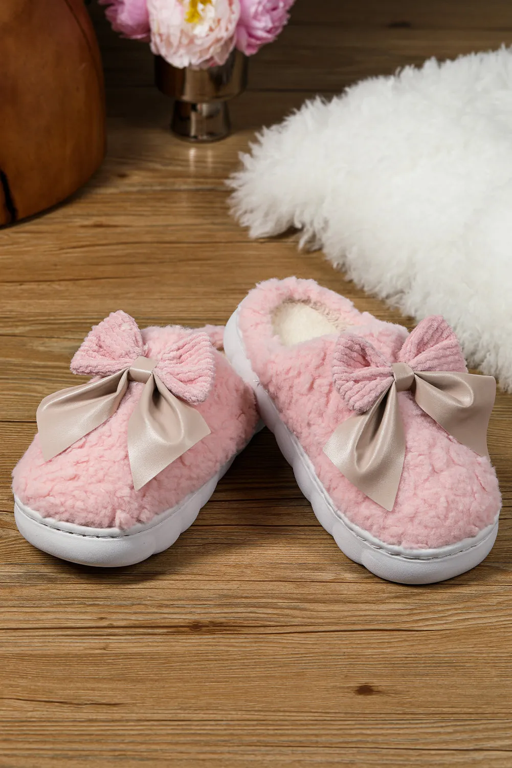 Camel Contrast Bowknot Applique Plush Winter Slippers sold by eAura product image thumbnail 5