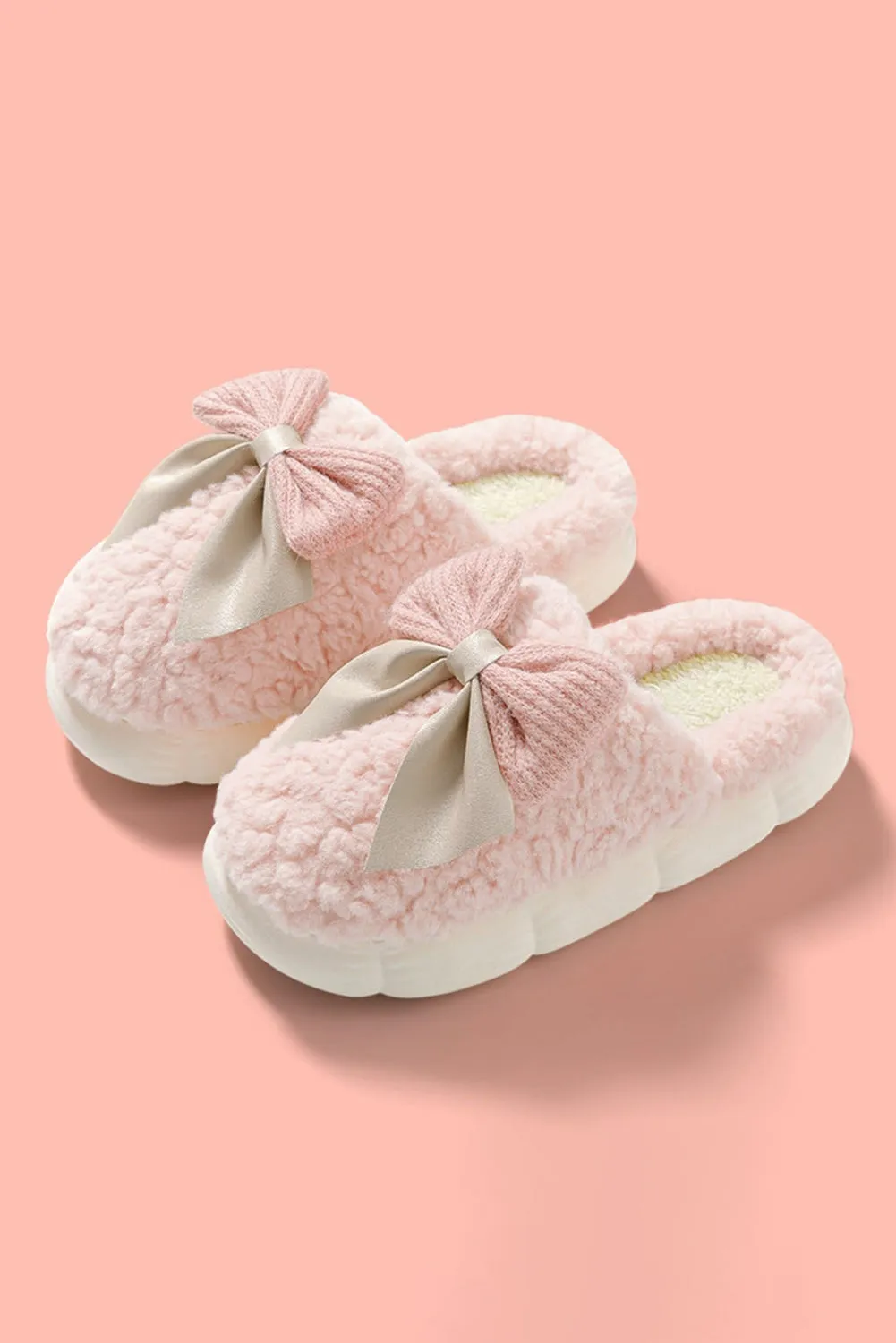 Camel Contrast Bowknot Applique Plush Winter Slippers sold by eAura product image thumbnail 2
