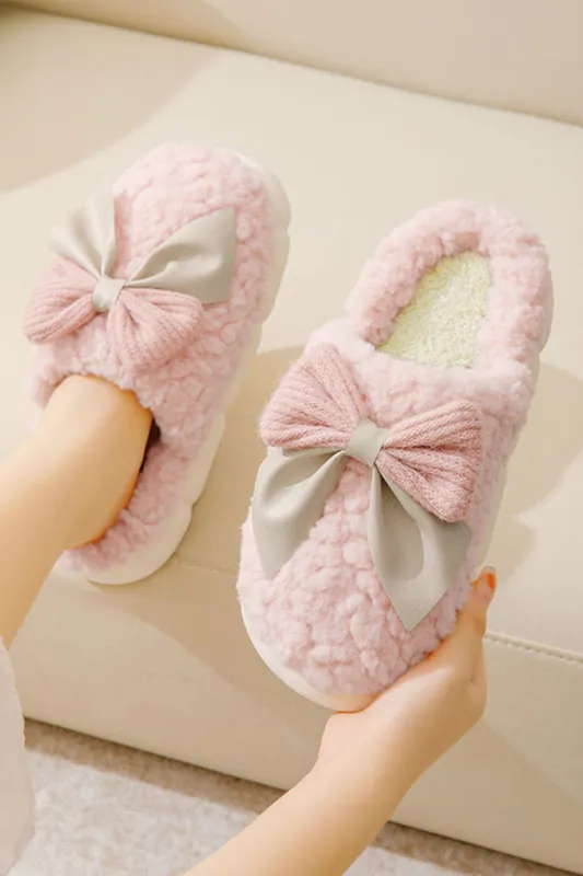 Camel Contrast Bowknot Applique Plush Winter Slippers sold by eAura