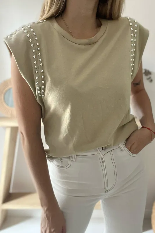 Studded Cap Sleeve Round Neck T Shirt sold by eAura