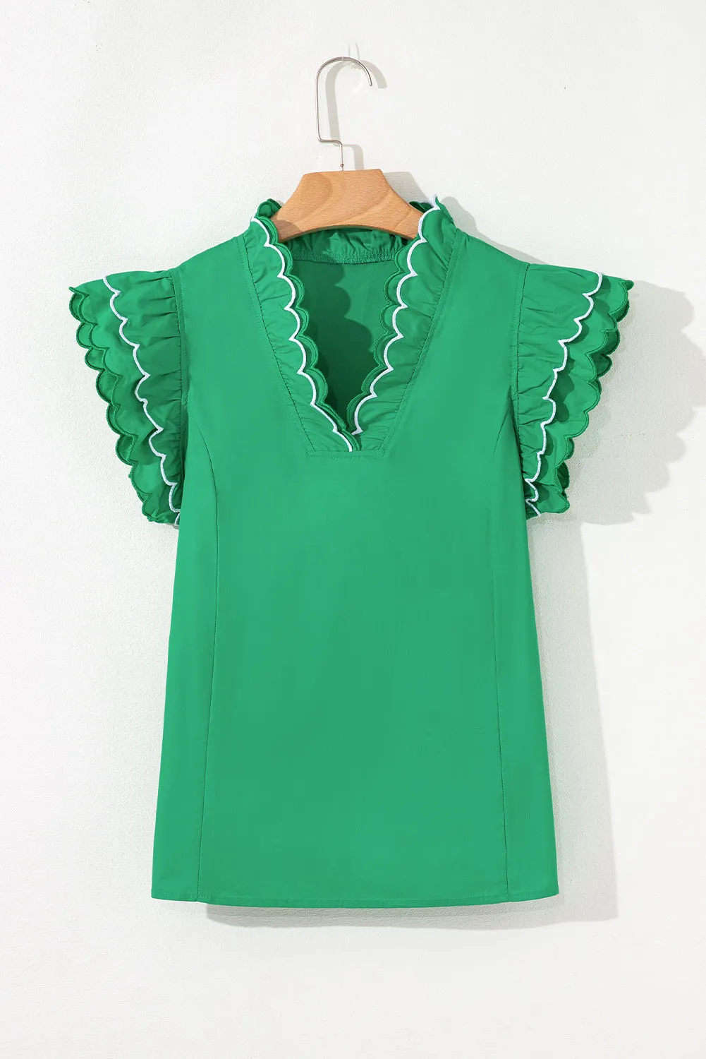 Bright Green Contrast Scallop Trim Short Sleeve V Neck Top sold by eAura product image thumbnail 4