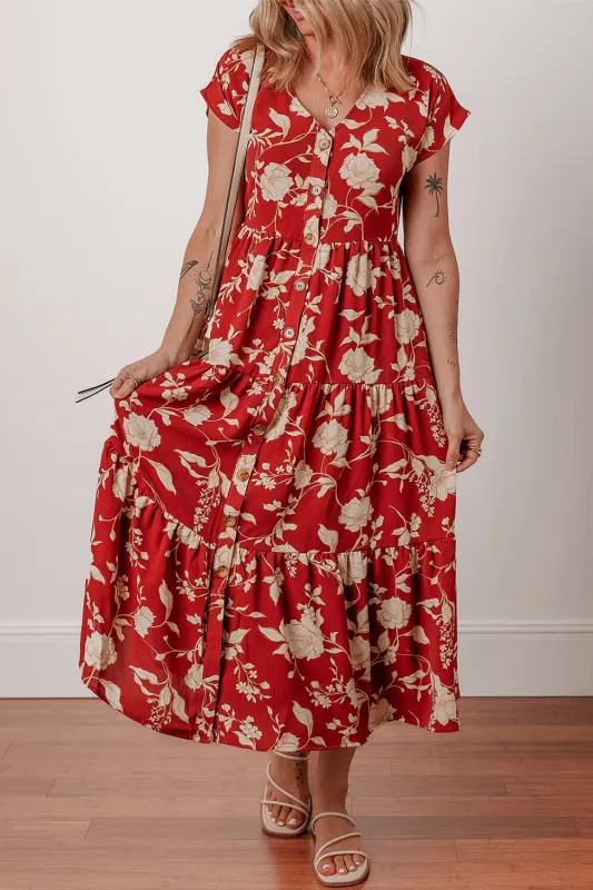 Red Floral Print Buttoned Front V Neck Tiered Short Sleeve Maxi Dress sold by eAura