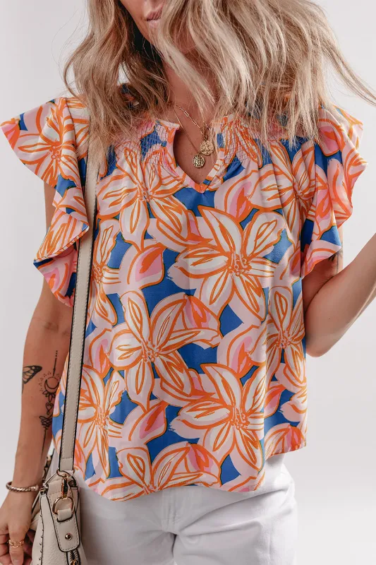 Orange Summer Flower Print Notched Neck Ruffle Sleeve Blouse sold by eAura
