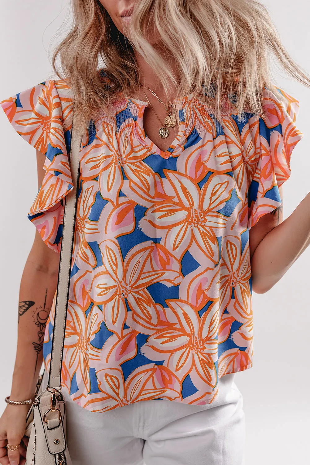 Orange Summer Flower Print Notched Neck Ruffle Sleeve Blouse sold by eAura