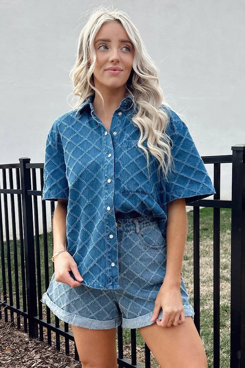 Dusk Blue Checkered Textured Short Sleeve Patched Pocket Denim Shirt sold by eAura product image thumbnail 5