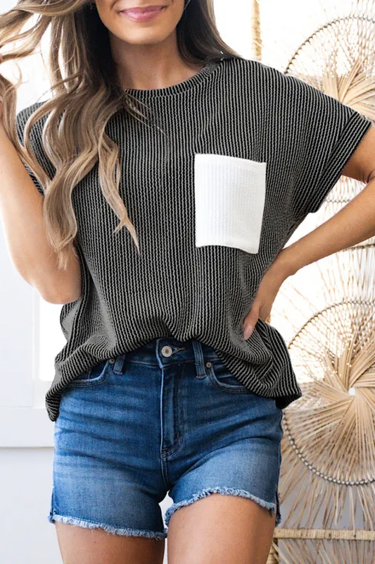 Carbon Grey Ribbed Knit Colour Block Pocketed Crew Neck T Shirt sold by eAura