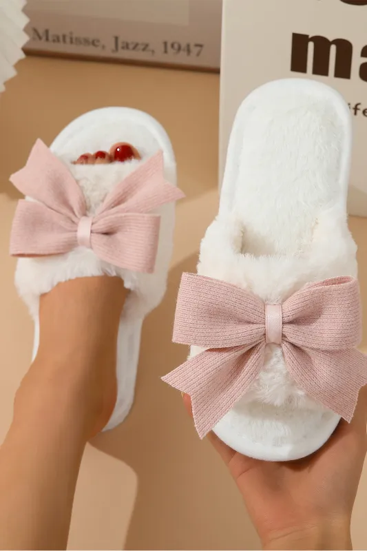 White Cute Bowknot Home Fluffy Slippers sold by eAura