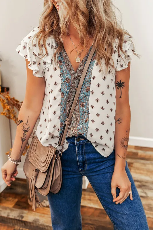 White Boho Pattern Tiered Ruffled Sleeve V Neck Buttoned Blouse sold by eAura