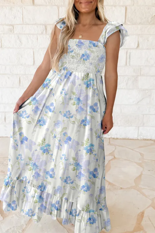 Sky Blue Floral Smocked Ruffle Sleeveless Maxi Dress sold by eAura