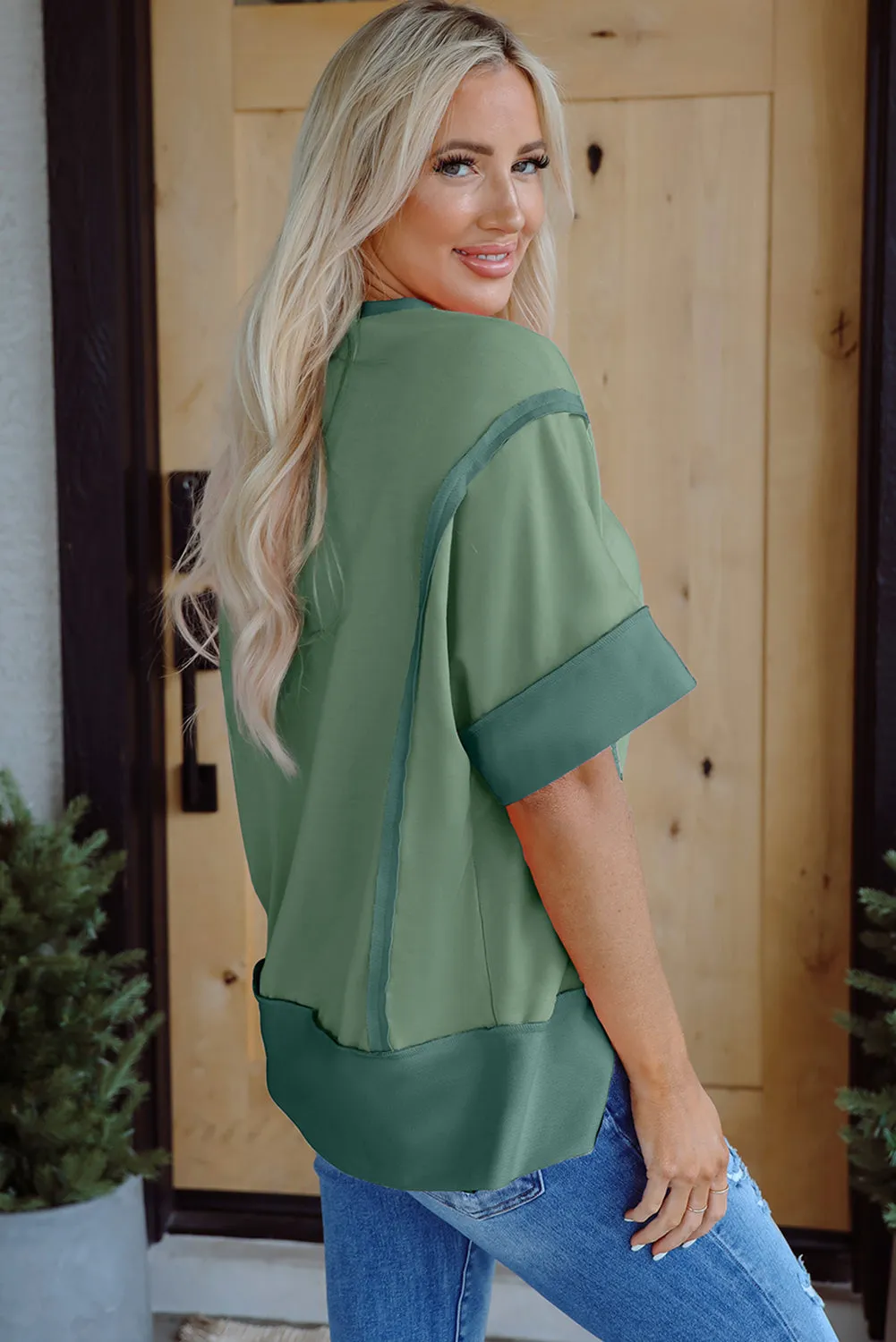 Green Half Sleeve Raw Seam High Low Side Split Top sold by eAura product image thumbnail 3